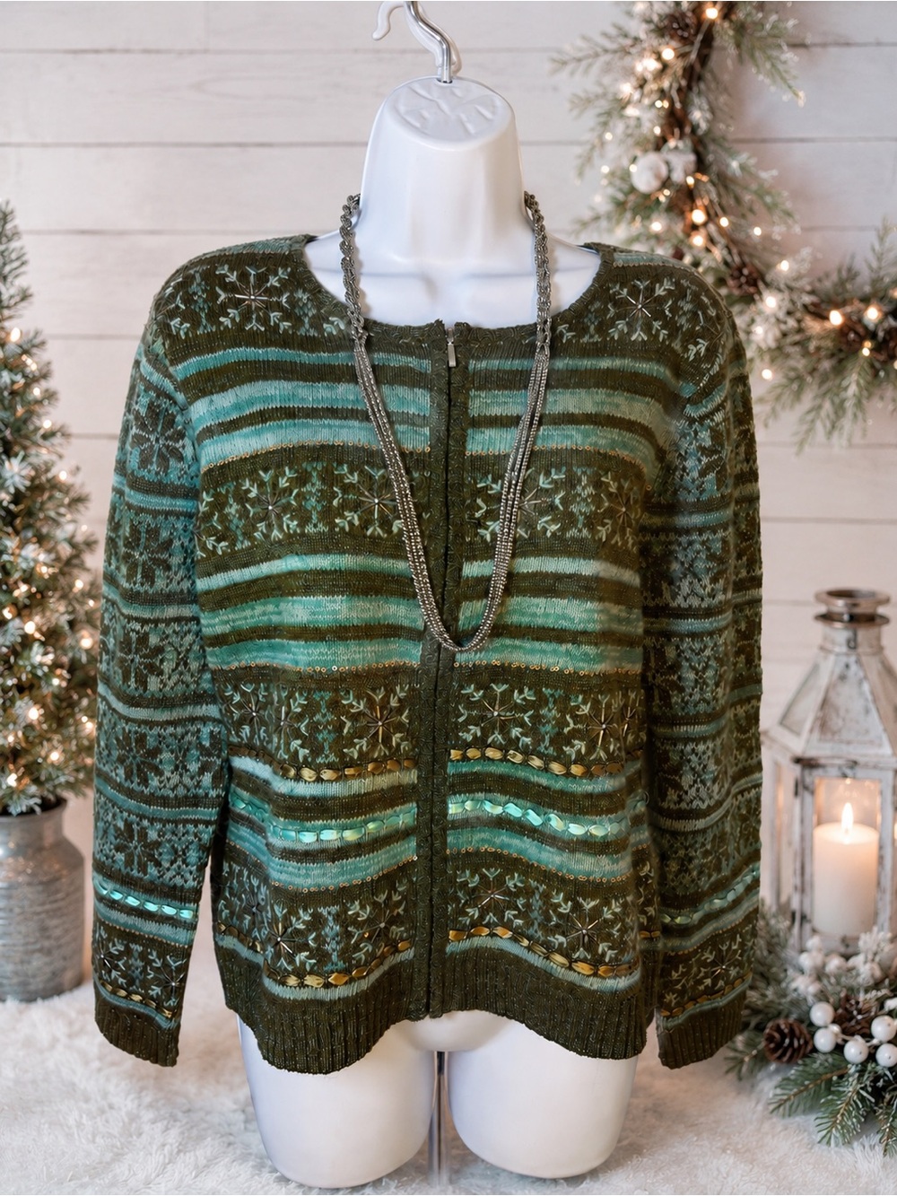 Talbots Petites Fair Isle Wool Blend Embellished Zip Cardigan M